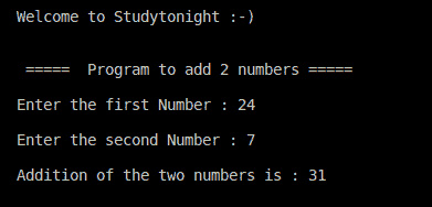 Output for adding 2 numbers