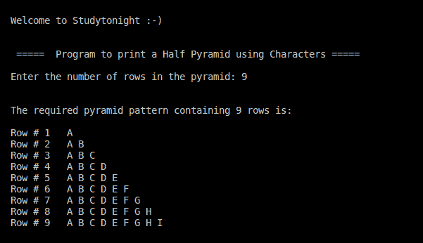 C++ half pyramid using Alphabets
