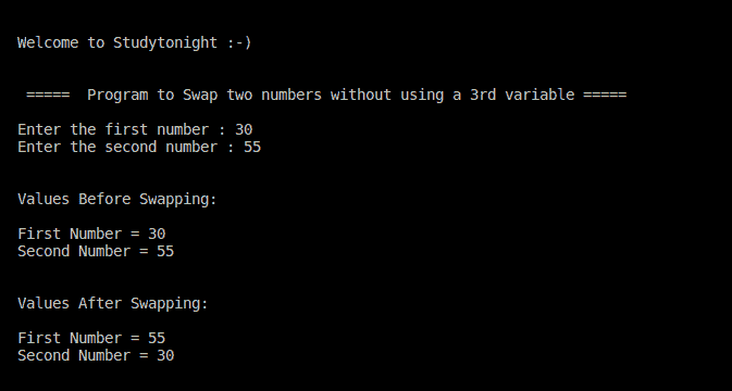 C++ swapping without using a temp variable program
