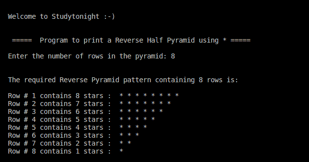 C++ reverse half pyramid using *
