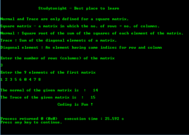 Program to find Normal and Trace of a Square Matrix