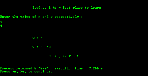 C program output to Calculate nPr and nCr