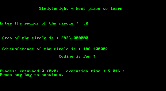 C program output for Area and Circumference of a Circle