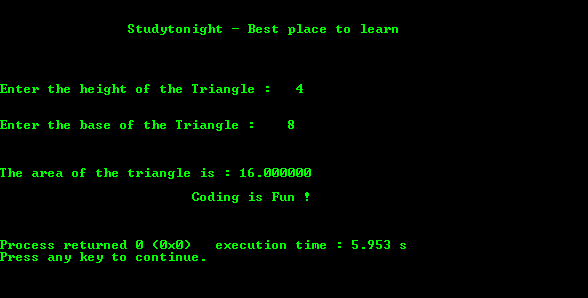 C program output for Area of Triangle using Base and Height
